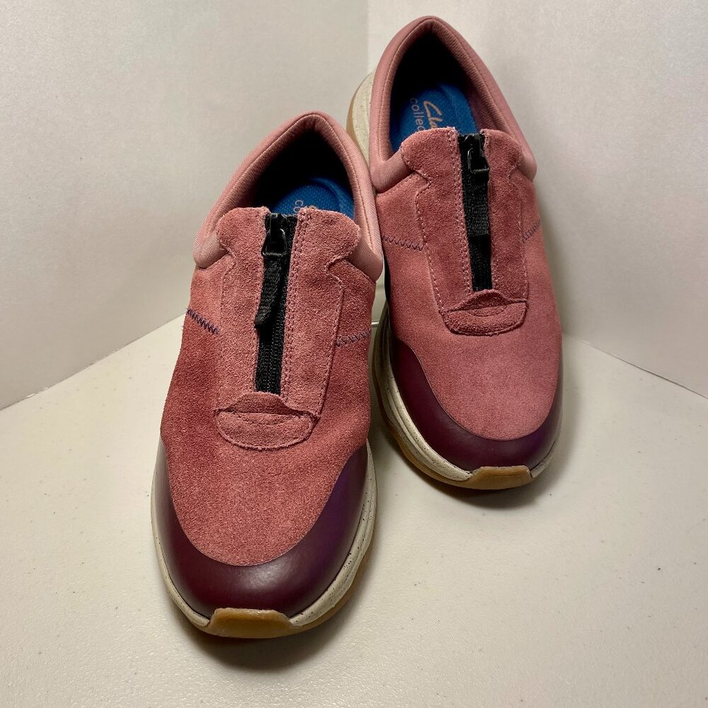 Clarks Collection Jaunt Way Suede Clog 8M Mauve Pink Zip Comfort Slip On
